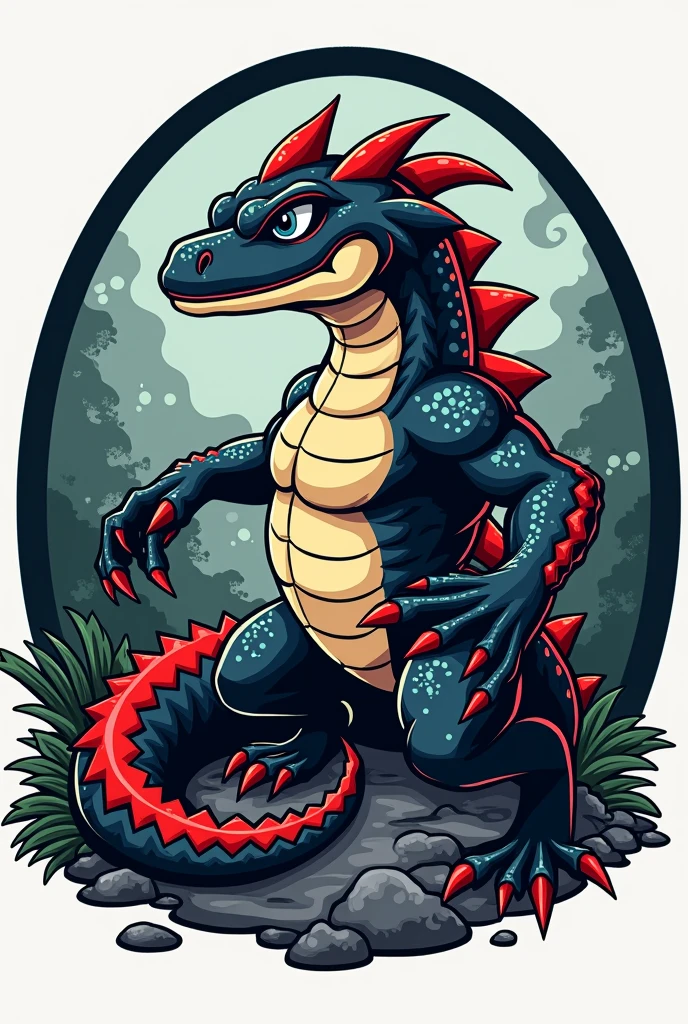 Circle logo design , inside which there is a fierce but friendly looking water lizard mascot with four legs , full view of one body , Physical characteristics Hard and sharp scales are fierce black in combination with red and belly carry yellow to white, blue eyes combined with black like sparkles , and there is a large screen on its tail like a spinosaurus dinosaur and spike spines on its back . And there are elements of nature as the background