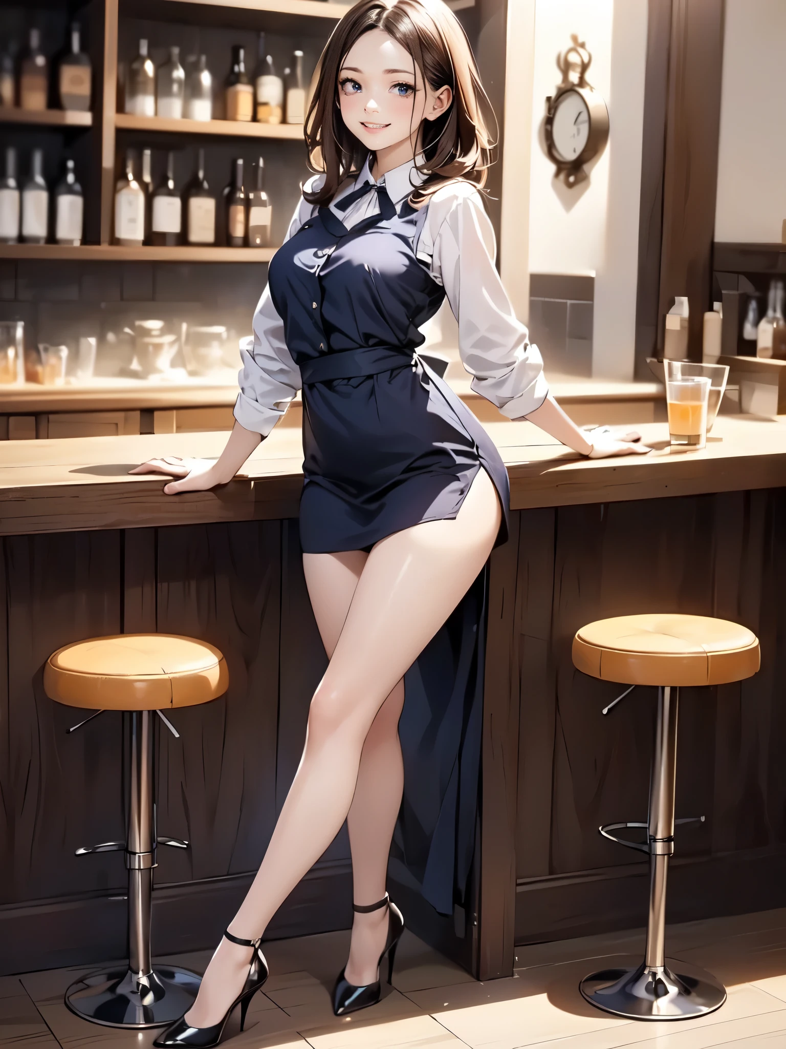 Photorealistic, just like image but real girl, waitress in a bar club leaning on a bar doing a standing split, show entire leg of leg that is extended, cute foot pointing her toes, pantyhose feet,  (((black hair)(long black wavy hair with bangs, black bangs hair))), black pantyhose with cotton gusset at the crotch, skimpy black waitress uniform with a ((wearing a gold name tag on her shirt)), 20 yrs old, black sheer gloss pantyhose,  cute bubble butt in pantyhose out to the side, (((black pantyhose with cotton panel crotch))), one leg is straight up hyper extended, holding leg up with one arm, hand grabbing ankle of leg that is up, girl face is beautiful and looking right at the camera, photorealistic, shiny realistic black pantyhose, (((cute pantyhose foot above her head, (extend image to show her foot on extended leg), she leans on a bar in a night club, (((sexy waitress at a fancy NY bar)))