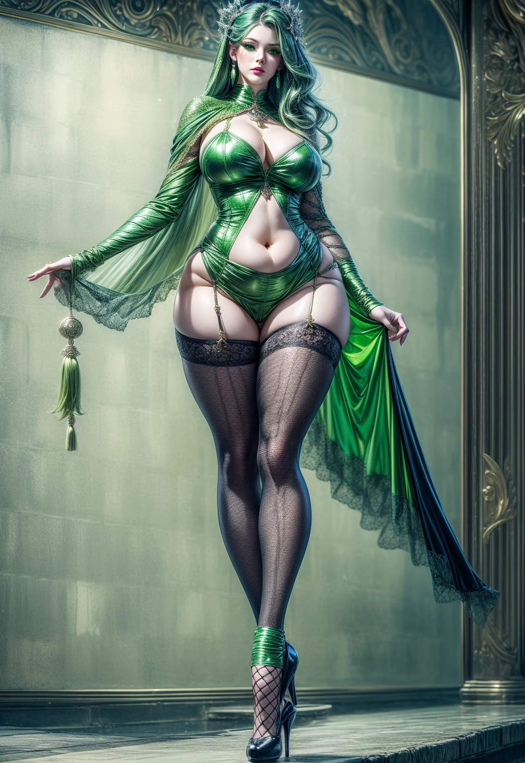 <lora:zodiac style v1:0.9>,full body,green breasts curtain:1.5,thongs:1.2,cleavage,green see through breasts curtain<lora:dudou:0.8>fetal position,looking_to_the_side,cow horns,fishnets,