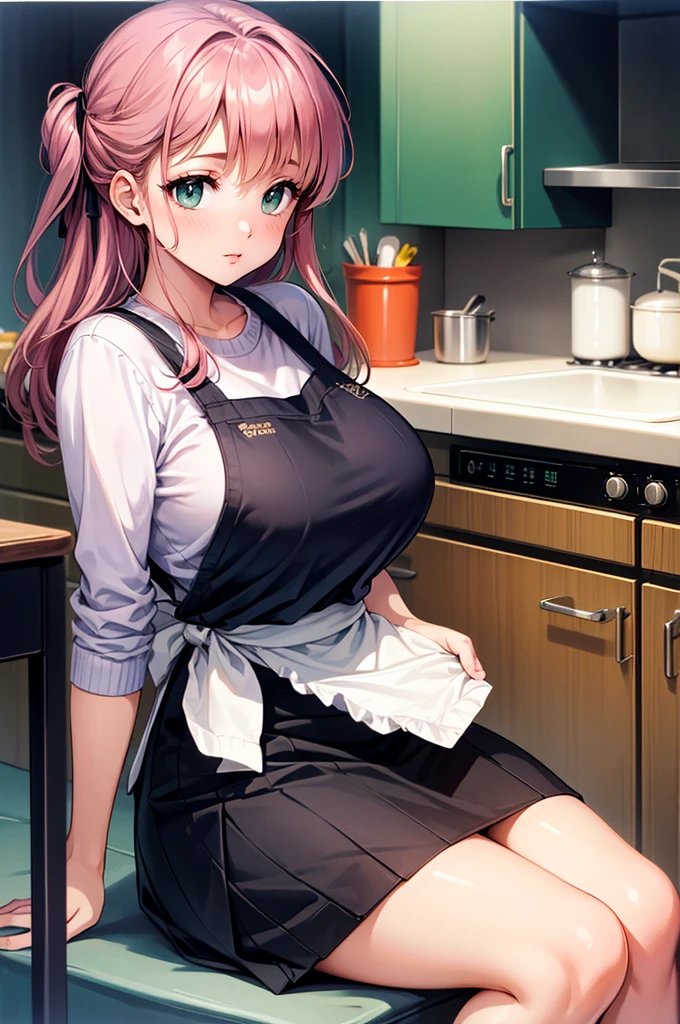 masterpiece, ultra quality, Beautiful detailed, extremely detailed,16K, exquisite, highres, Beautiful background, Beautiful eye, Beautiful skin, 1980s \(style\), retro artstyle, masterpiece, highest quality, High resolution, 1woman, solo, 2D, cheer up, highest quality, High resolution, kitchen, ajiyoshi noriko v2, (sanpaku:1.2), Beauty, ((green apron)) BREAK (白 rib knit sweater) BREAK (black tight skirt)、(huge breasts:1.2), mature woman&#39;s features, motherly smile、blush, embarrassing, tall, steam、steam、It&#39;s stuffy、detailed costumes, detailed background,