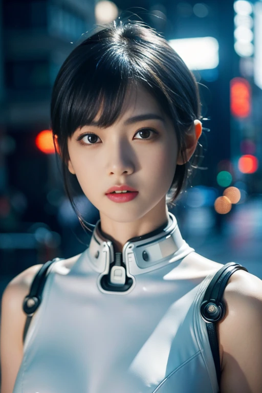  portrait、whole body、 1 girl、 very beautiful face、Well-balanced face、((Super cute))、 black hair、 shorthair 、 white skin、( slender body )、Petite body、 small breasts、Metal Parts 、 machine with high density detail、 EXQUISITE DETAILS 、 sci-fi atmosphere、 cyberpunk 、Futuristic city background、((REALISTIC PHOTO QUALITY :1.5))、（ super quality:1.3）、masterpiece、（ high definition）、HDR、8k、 Hyperrealistic 、 Amazing Pictures 、Diffuse lighting、 professional lighting、Front lighting、 depth of field、 Sharp Focus 、Award-winning works