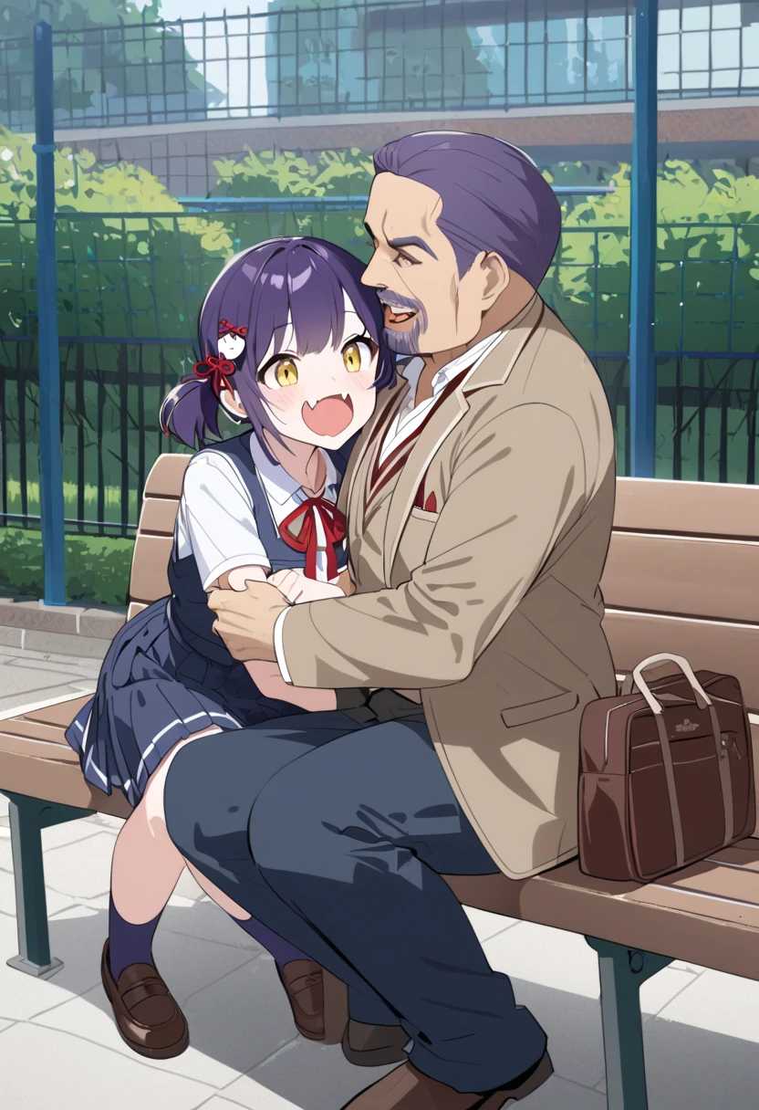  best quality、((One young girl、 1 middle-aged man))、 short ponytail、 Big Ribbon Hair Ornament 、Dark purple hair、 yellow eyes、Cute Fangs、Red Ribbon Necklace 、 school uniform、brown school bag、Navy blue socks、Brown shoes、 strange face 、Schoolyard Bench 、 sitting、、A man is touching a girl's chest、Happy man