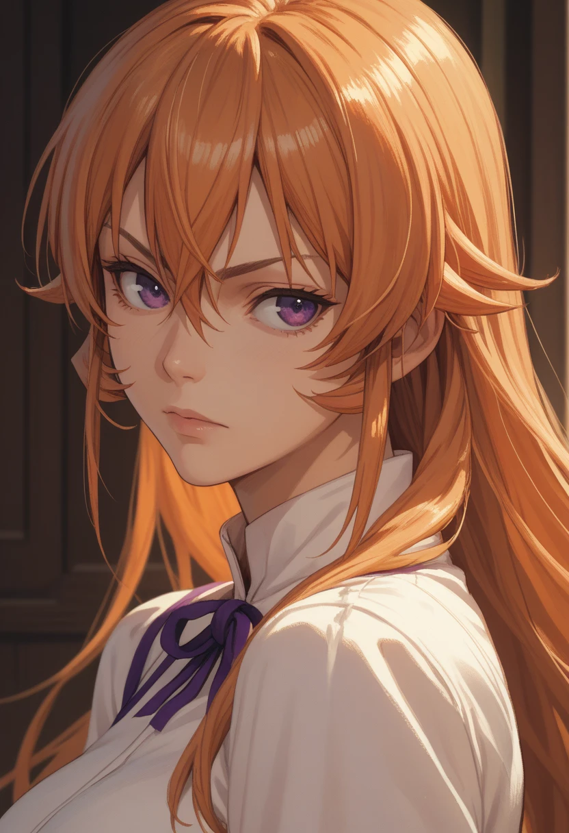 erina nakiri,busty, long hair, orange hair, purple eyes, hair between eyes