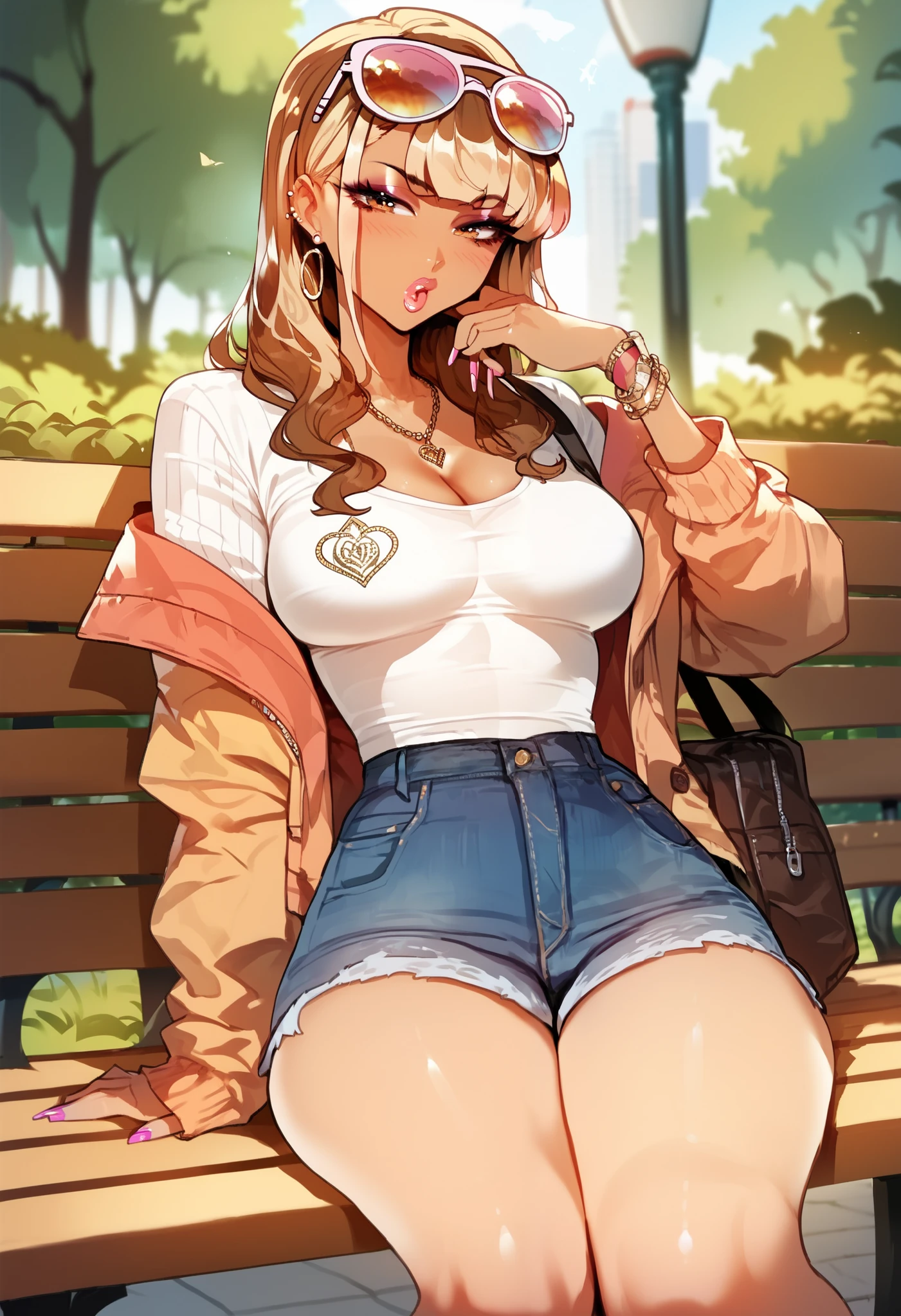 Floox style, 1girl, Gyaru, brown hair, medium breasts, park background, sitting on a bench