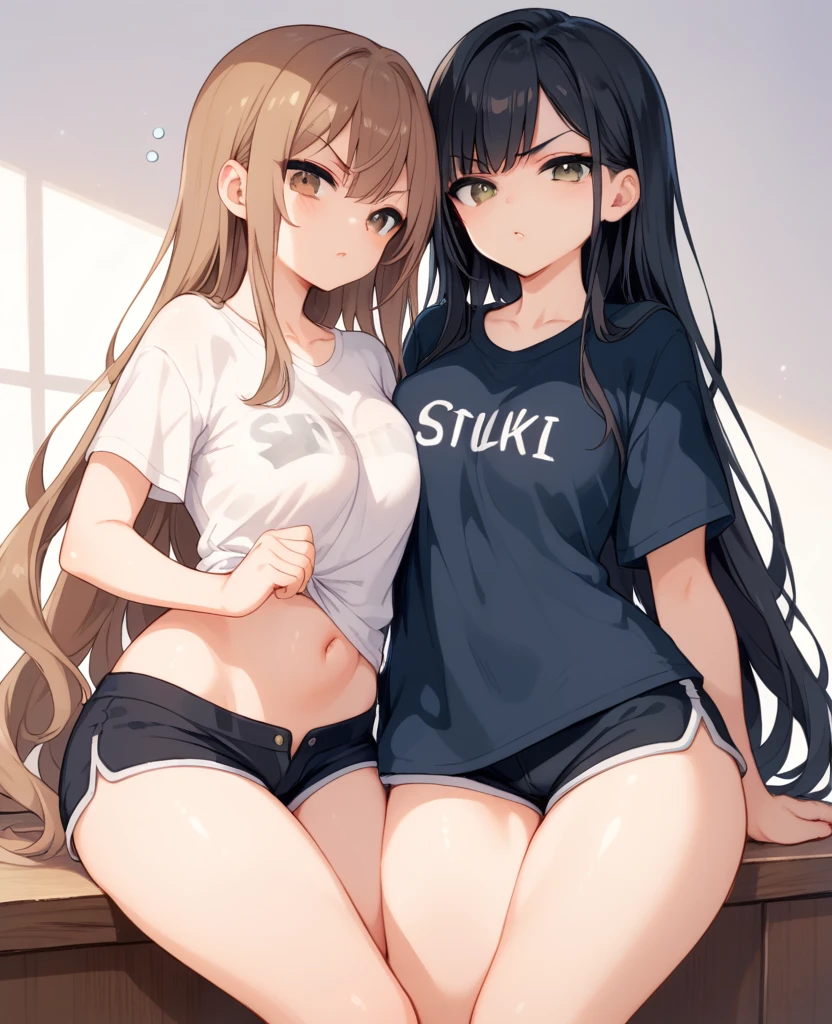 2girl, two cute girls, sexy, seductive, beautiful girl, long layered hair, brown hair, average height with long black hair and hazel eyes, medium thighs, thighs, fully exposed thighs, loose t-shirt, cartoon drawing, oversized t- shirt, sleepy eyes, angry, indoor background, black super shorts