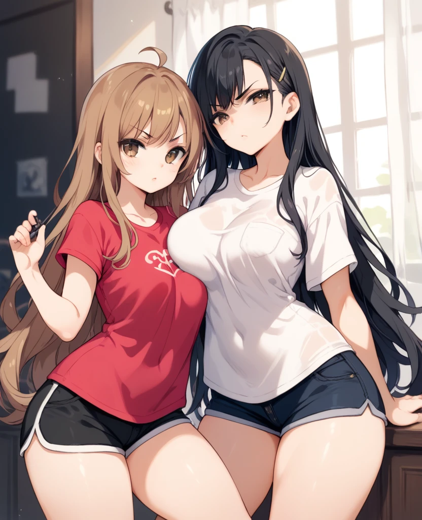 2girl, two cute girls, sexy, seductive, beautiful girl, long layered hair, brown hair, average height with long black hair and hazel eyes, medium thighs, thighs, fully exposed thighs, loose t-shirt, cartoon drawing, oversized t- shirt, sleepy eyes, angry, indoor background, black super shorts