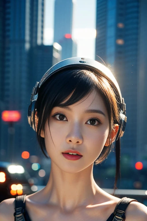  portrait、whole body、 1 girl、 very beautiful face、Well-balanced face、((Super cute))、 black hair、 shorthair 、 white skin、( slender body )、Petite body、 small breasts、Metal Parts 、 machine with high density detail、 EXQUISITE DETAILS 、 sci-fi atmosphere、 cyberpunk 、Futuristic city background、((REALISTIC PHOTO QUALITY :1.5))、（ super quality:1.3）、masterpiece、（ high definition）、HDR、8k、 Hyperrealistic 、 Amazing Pictures 、Diffuse lighting、 professional lighting、Front lighting、 depth of field、 Sharp Focus 、Award-winning works