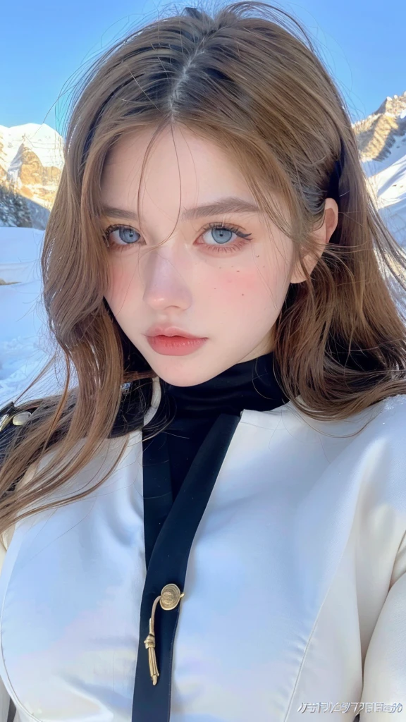  Beautiful woman ,Cute, huge natural breasts , blonde curly hair/current, dark blue eyes and face are drawn in detail,  not too thin ,  to make it ultra-realistic,  Western European girl ,  in the snow in the mountains , military uniform (elements of modern military clothing ),  extremely detailed blue eyes ,  Extremely long wavy blond hair