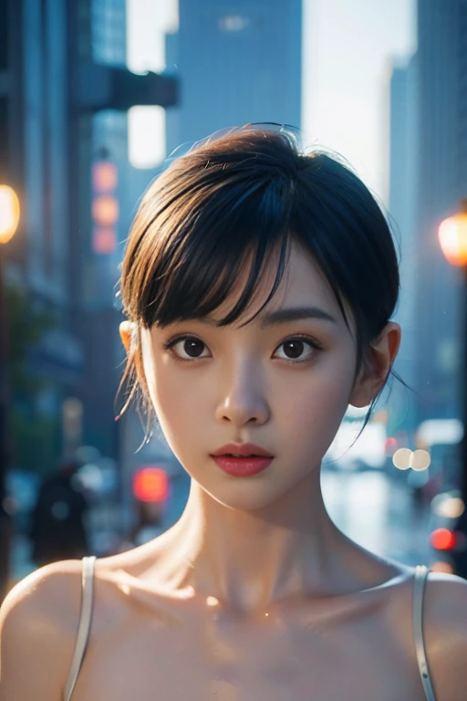  portrait、whole body、 1 girl、 very beautiful face、Well-balanced face、((Super cute))、 black hair、 shorthair 、 white skin、( slender body )、Petite body、 small breasts、Metal Parts 、 machine with high density detail、 EXQUISITE DETAILS 、 sci-fi atmosphere、 cyberpunk 、Futuristic city background、((REALISTIC PHOTO QUALITY :1.5))、（ super quality:1.3）、masterpiece、（ high definition）、HDR、8k、 Hyperrealistic 、 Amazing Pictures 、Diffuse lighting、 professional lighting、Front lighting、 depth of field、 Sharp Focus 、Award-winning works