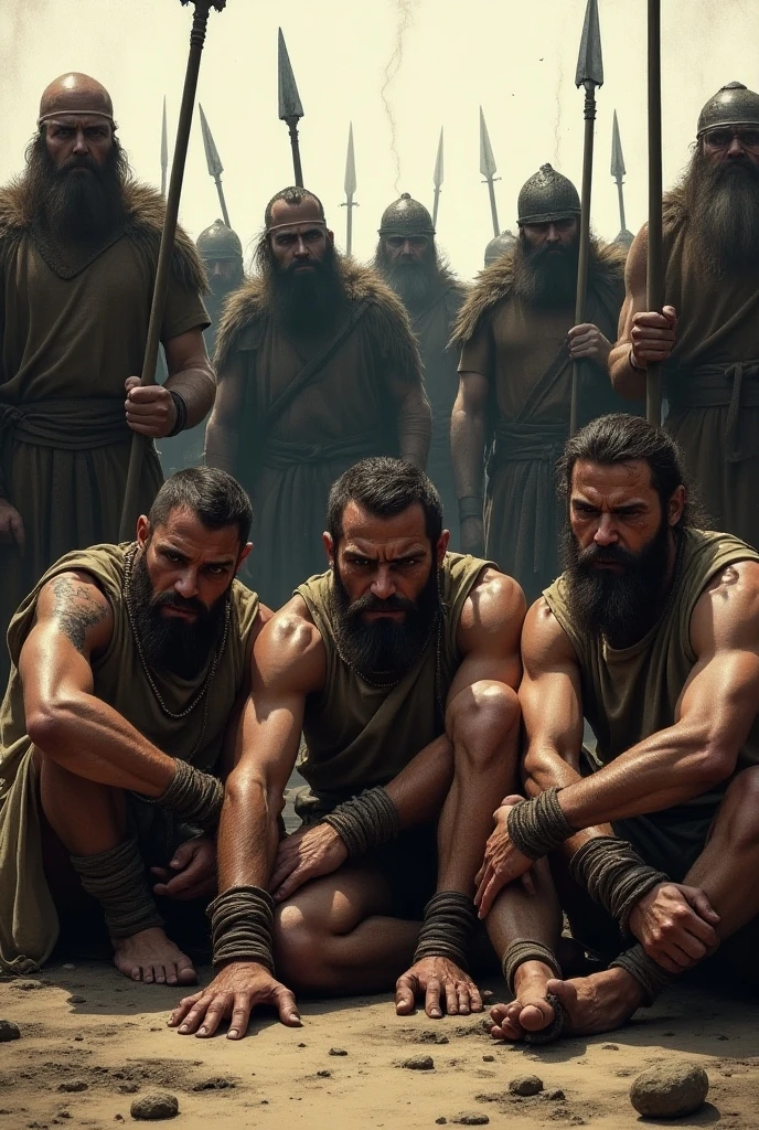 Hairy, bearded men in black underwear coming out of a cave.