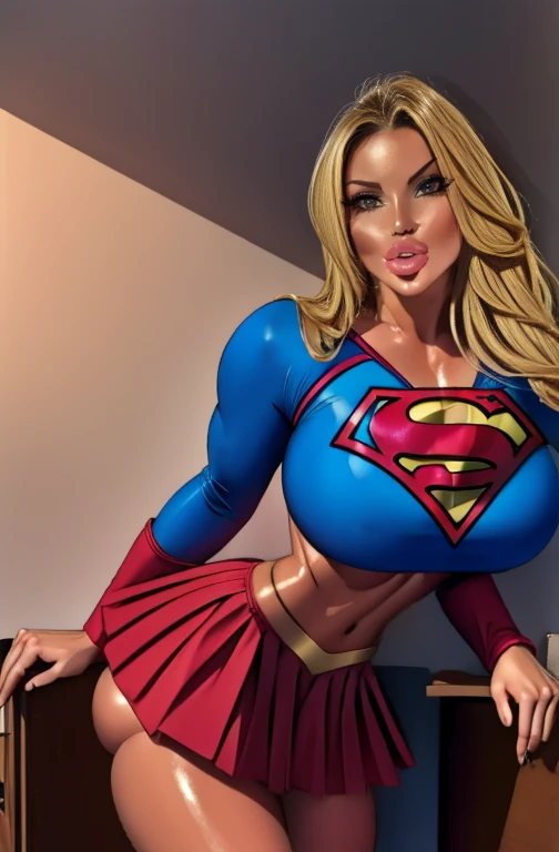  Supergirl Costume, blonde,  sexy body on the desk,   man in miniskirt , big , Face wet with saliva 