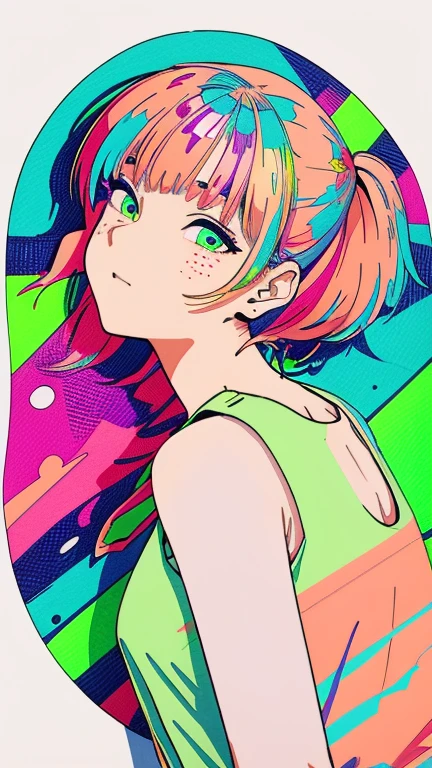 (Super detailed, ultra high resolution, detailed background),((2D)),(( flat color )),(( colorful )),((floating  colorful  water)),super close up of chest, focus on chest, One Girl, alone, Very detailed face, (head shot:1.5), Standing in front of a wall covered in hip hop graffiti, Cyberpunk neon cityscape,Pixie cut white hair, She is wearing a short neon tank top and an open hoodie, Nice ass, (flat chest:1.2), nsfw 