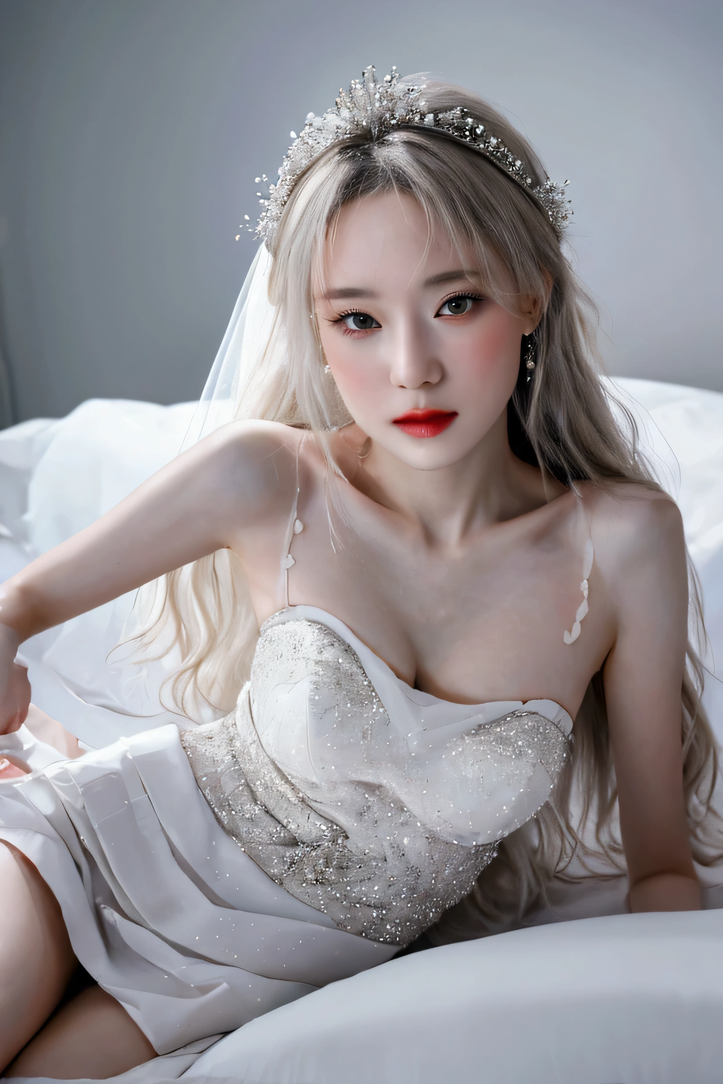 beautiful middle aged woman in a wedding dress, long white hair, slender body, lying on a bed, shy expression, spreading her legs, looking at the viewer, detailed face, (best quality,4k,8k,highres,masterpiece:1.2),ultra-detailed,(realistic,photorealistic,photo-realistic:1.37),HDR,UHD,studio lighting,ultra-fine painting,sharp focus,physically-based rendering,extreme detail description,professional,vivid colors,bokeh,portrait