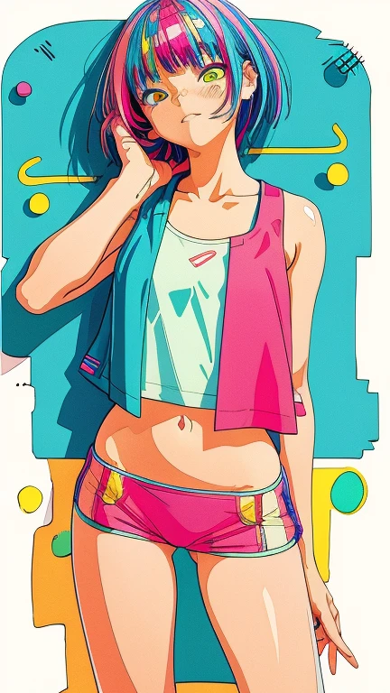 (Super detailed, ultra high resolution, detailed background),((2D)),(( flat color )),(( colorful )),((floating  colorful  water)),super close up of chest, focus on chest, One Girl, alone, Very detailed face, (head shot:1.5), Standing in front of a wall covered in hip hop graffiti, Cyberpunk neon cityscape,Pixie cut white hair, She is wearing a short neon tank top and an open hoodie, Nice ass, (flat chest:1.2), nsfw 