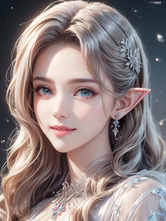 masterpiece,  best quality,  high resolution CG Unity 8K wallpaper ,(( Bust Up Portrait)), (  VERY BEAUTIFUL１２Women of age), ((( long pointed ears ))),  elegant long wave platinum blonde hair ,  shiny lips , Stylish makeup, ((Average Chest Circumference, Self-illuminating skin)), ((Unknown uniform style  )), (  white skin), ( Happy smile), cute, Symmetrical face , fine grain, Key Art, Awards,  exquisite detail realism HDR ,  photorealism  ,  hyperrealism, Ultra-realistic,  Dramatic Light  ,  Great views  ,  in four-frame comic style,