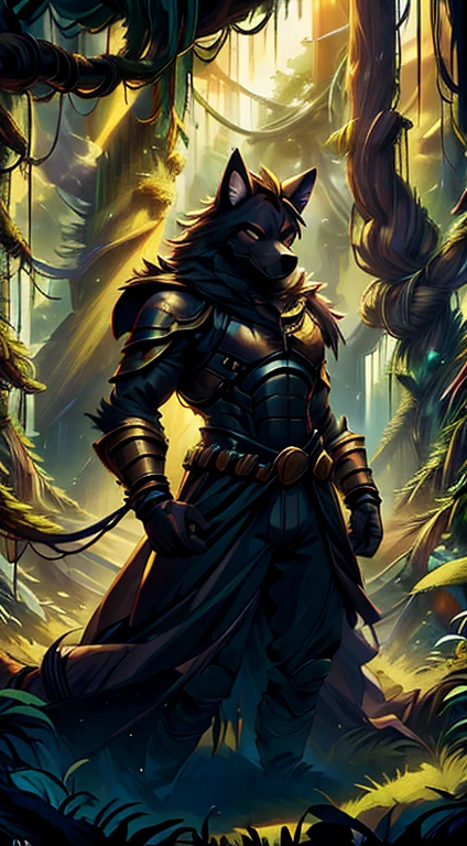 high quality, masterpiece, best detail, full-length, furry black wolf male in black armor with golden feathers and leaves, hands shrouded in golden light, summons vines with thorns from the ground