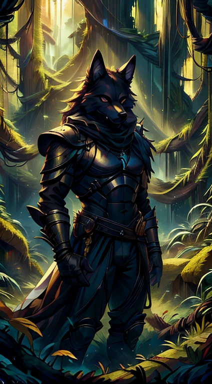 high quality, masterpiece, best detail, full-length, furry black wolf male in black armor with golden feathers and leaves, hands shrouded in golden light, summons vines with thorns from the ground