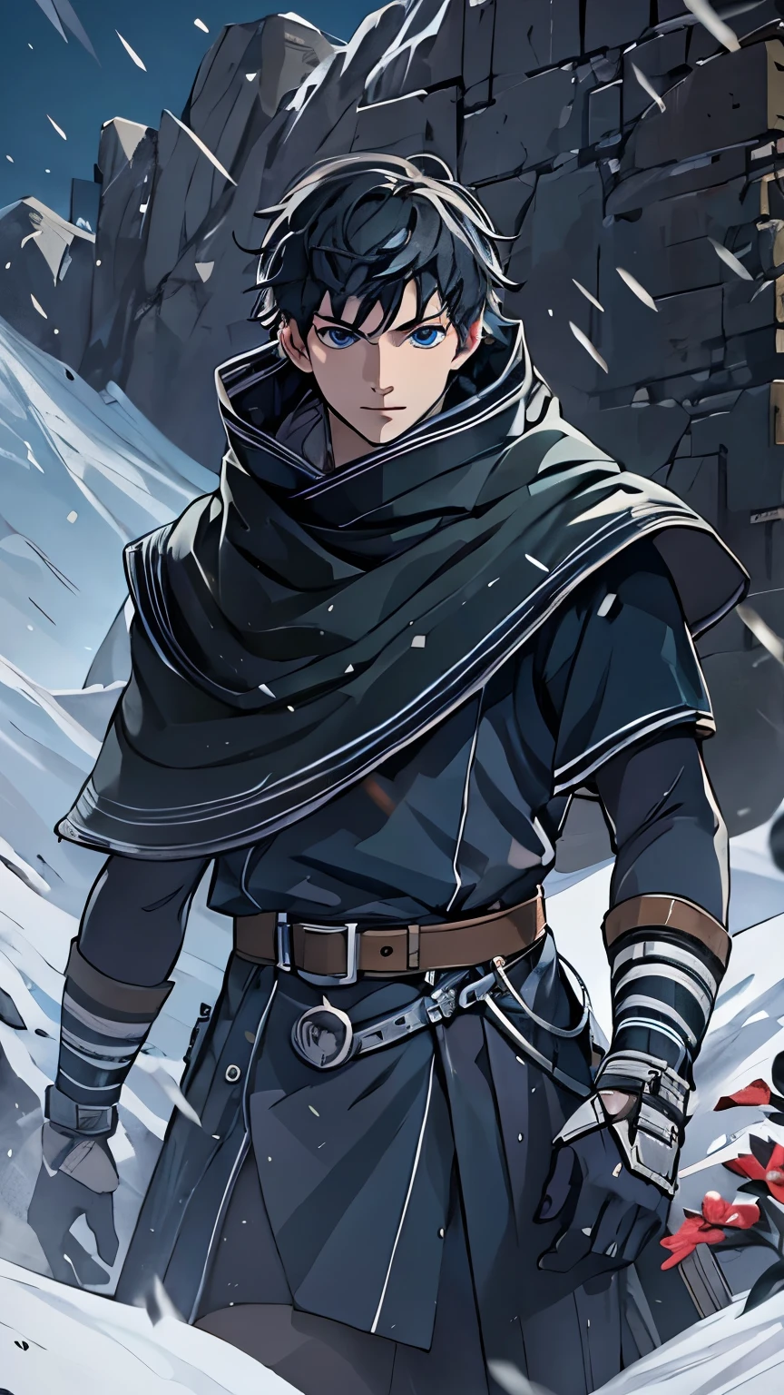  fair-skinned young man ,  short black hair and blue eyes ,  he wears black medieval clothes and a black winter tunic with skin for snow, wears black gloves, Cold expression, He is on the top of a snowy mountain 