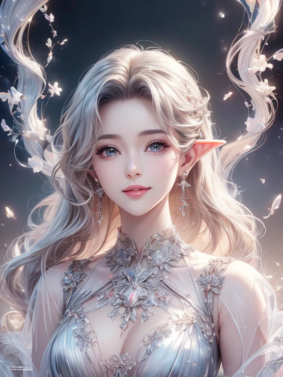 masterpiece,  best quality,  high resolution CG Unity 8K wallpaper ,(( Bust Up Portrait)), (  VERY BEAUTIFUL１２Women of age), ((( long pointed ears ))), elegant sparkling long wave platinum blonde hair ,  shiny lips , Stylish makeup, ((Average Chest Circumference, Self-illuminating skin)), ((Unknown uniform style  )), (  white skin), ( Happy smile), cute, Symmetrical face , fine grain, Key Art, Awards,  exquisite detail realism HDR ,  photorealism  ,  hyperrealism, Ultra-realistic,  Dramatic Light  ,  Great views  ,  in four-frame comic style,