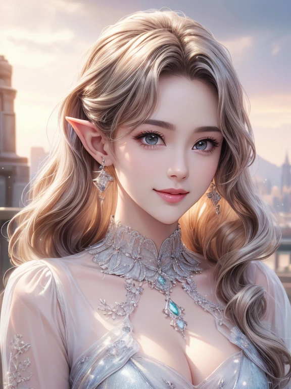 masterpiece,  best quality,  high resolution CG Unity 8K wallpaper ,(( Bust Up Portrait)), (  VERY BEAUTIFUL１２Women of age), ((( long pointed ears ))), elegant sparkling long wave platinum blonde hair ,  shiny lips , Stylish makeup, ((Average Chest Circumference, Self-illuminating skin)), ((Unknown uniform style  )), (  white skin), ( Happy smile), cute, Symmetrical face , fine grain, Key Art, Awards,  exquisite detail realism HDR ,  photorealism  ,  hyperrealism, Ultra-realistic,  Dramatic Light  ,  Great views  ,  in four-frame comic style,