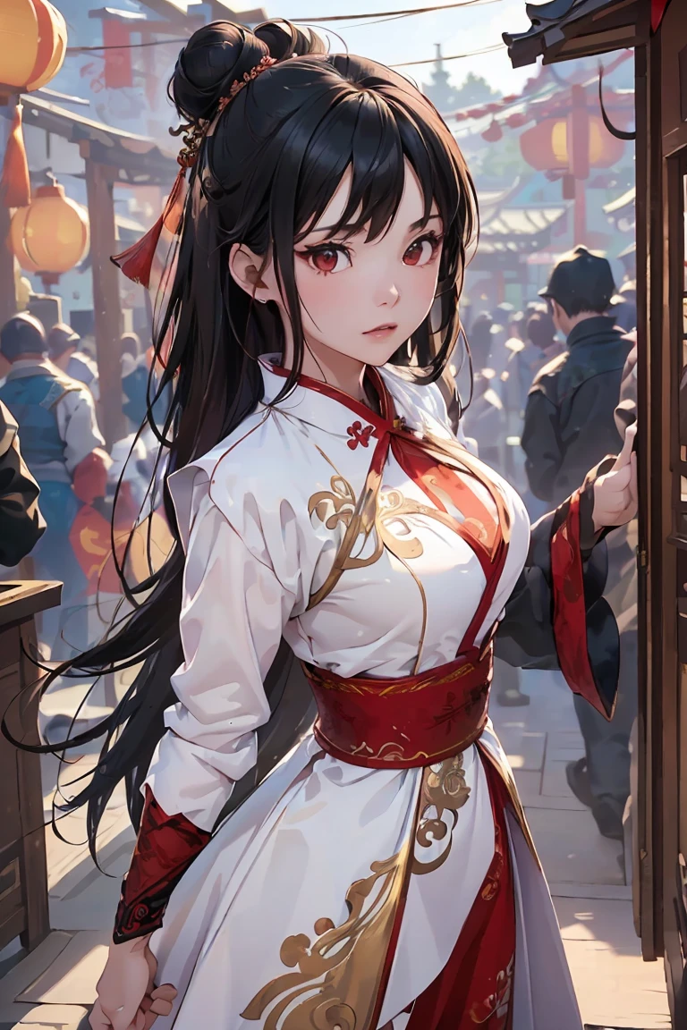 (((Best quality, 8k, Masterpiece: 1.3)), ((best quality)), ((masterpiece)), (detailed), perfect face, perfect body, (detailed skin:1.3), (intricate details), A skilled young martial artist stands poised in a dynamic kung fu stance, dressed in an elegant, high-slit red cheongsam with intricate gold embroidery. Her jet-black hair is styled into neat twin buns, giving her a focused yet stylish appearance. The scene is set in a traditional Chinese courtyard with red lanterns and ornate wooden architecture, bathed in the warm glow of sunset. Her expression is sharp and determined, exuding confidence and discipline. The fabric of her dress flows slightly with her movement, emphasizing her grace and mastery of kung fu.