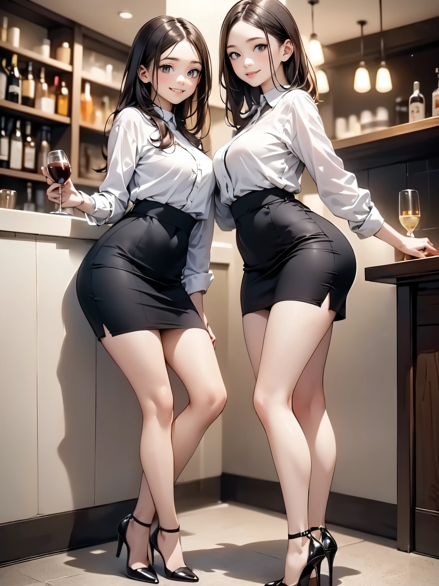 (masterpiece:1.3),(best quality, highest quality),((Full Body Shot,Including face)),1girl,Standing position,4K,masterpiece,((Focus on the face)),((Symmetrical facial features)),Beautiful woman,slender,Beautiful feet,((High heels)),Detailed depiction of the face,bar counter,uniform,Realistic,profile,Corset standing diagonally,red plaid skirt,blazer