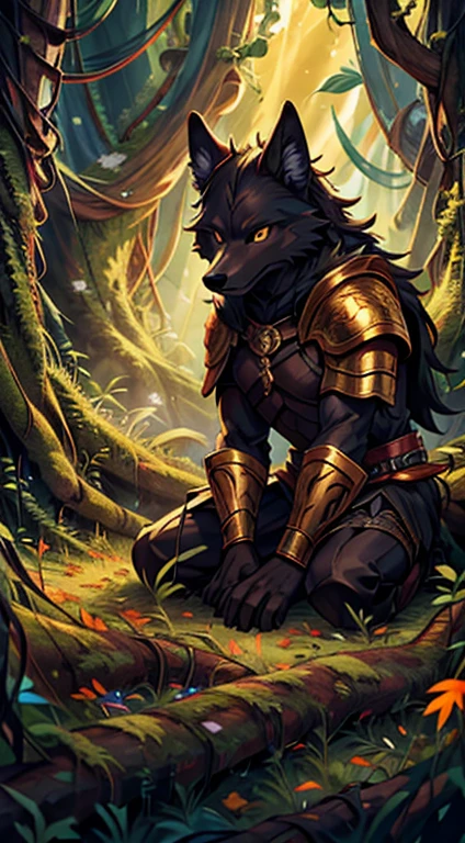 high quality, masterpiece, best detail, full-length, furry black wolf male in black armor with golden feathers and leaves, hands shrouded in golden light, summons vines with thorns from the ground