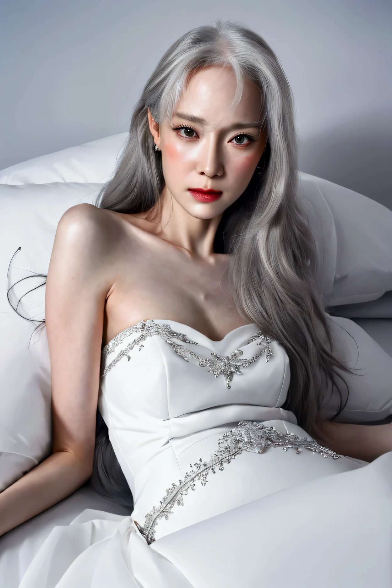 beautiful woman in her 50s in a wedding dress, long white hair, slender body, lying on a bed, shy expression, spreading her legs, looking at the viewer, detailed face, (best quality,4k,8k,highres,masterpiece:1.2),ultra-detailed,(realistic,photorealistic,photo-realistic:1.37),HDR,UHD,studio lighting,ultra-fine painting,sharp focus,physically-based rendering,extreme detail description,professional,vivid colors,bokeh,portrait