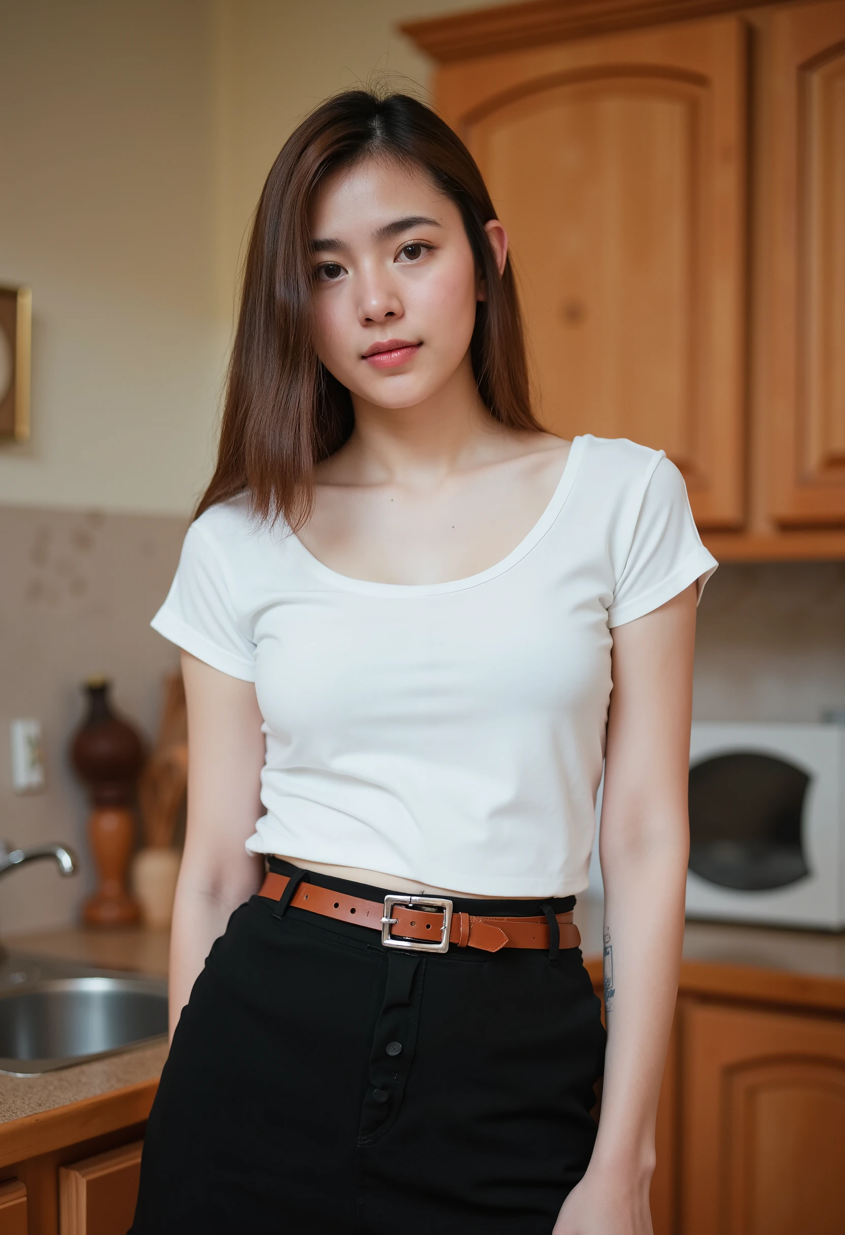 girl, white_shirt,no bra, short sleeves, black_skirt, shirt_tucked_in, brown_belt, full body view, kitchen