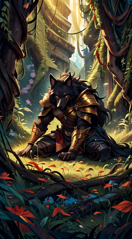 high quality, masterpiece, best detail, full-length, furry black wolf male in black armor with golden feathers and leaves, hands shrouded in golden light, summons vines with thorns from the ground