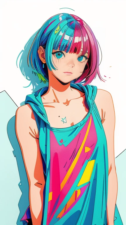 (Super detailed, ultra high resolution, detailed background),((2D)),(( flat color )),(( colorful )),((floating  colorful  water)),super close up of chest, focus on chest, One Girl, alone, Very detailed face, (head shot:1.5), Standing in front of a wall covered in hip hop graffiti, Cyberpunk neon cityscape,Pixie cut white hair, She is wearing a short neon tank top and an open hoodie, Nice ass, (flat chest:1.2), nsfw 