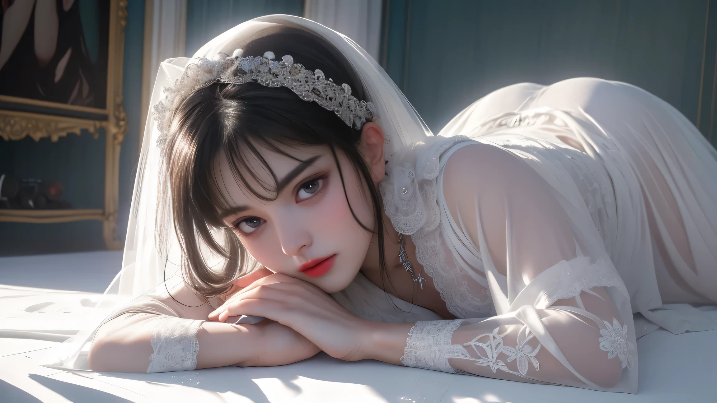 Top angle overlooking the bed, looking up at the camera on the bed, holding the knees bent, dark blue bow tie, (white bra: 1.3, white panties: 1.3), (white silk short socks: 1.5), dark blue skirt, white blouse, dark brown hair, (lying in bed: 1.4), facing the camera, white ribbon on hair, (full body: 1), romantic painting art, Wet skin, wrinkles between the eyebrows, eyes closed, mouth wide open as if very surprised, ((white liquid dripping on the skin)), ((white splashes violently)), waterlogged sheets, white liquid released, splattering white mucus