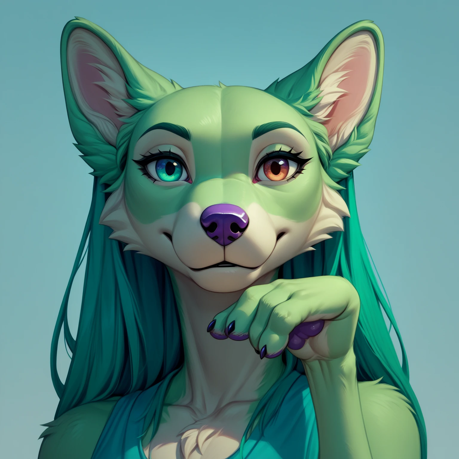 ,solo,shirley_the_medium,(short body with big head)chihuahua,canis,canid,green body,green fur,green tail,green ears,lidded eyes,long eyelashes,anthro,purple nose,glistening eyelids,heterochromia,purple pawpads,4 fingers,3 toes,