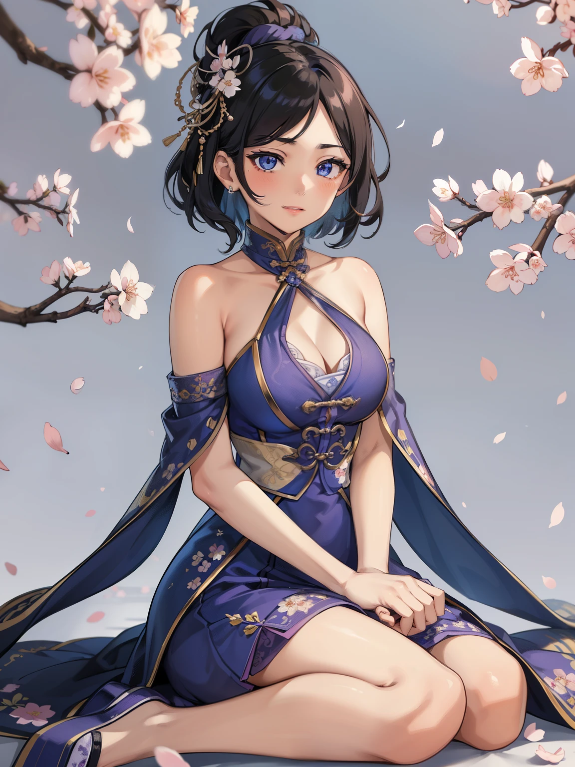 (high-quality, breathtaking),(expressive eyes, perfect face) 1female, girl , solo, teenager, asian woman hairstyle, short hair length, soft wave, black hair color, Heterochromia left eye blue and right eye purple, white and black dress, shawl, blue and purple background, music, gentle smile, swirls in background, music notes background, beautiful background, symmetrical eyes, Qing Dynasty Costumes, hairpin, cherry blossom background, full body, portrait, symmetrical body, centred composition,
