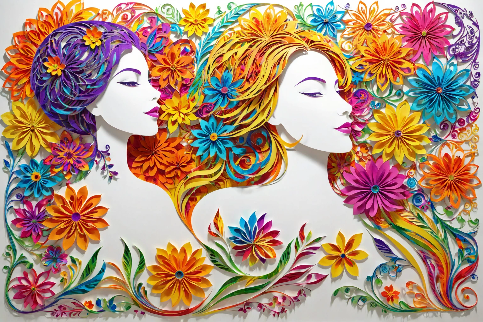 （Silhouette of a beautiful woman,Colorful Kelsang flowers)，White background，(paper art, Quilted paper art:1.2, geomerty:1.1, zentangle,a 3D render), (Extremely colorful, Best quality, Detailed details, Masterpiece, offcial art, movie light effect, 4K)