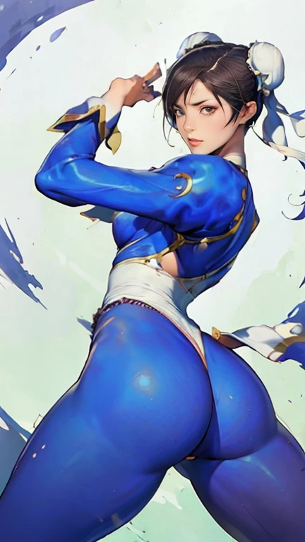 (( I'm looking for a woman modeled after the character Chun-Li)), , Bright Eyes, Very flashy,  big enough to stick out of the body ,  erect nipples,  thin, constricted waist with abs , Big round butt , Brown pubic hair,  you can clearly see the lines of the pussy from the top of the costume, 全身が美しいバランス良くcharm的なボディライン, tight, ((ultra  realist)), TM Ninja white,  icon, cores  livelys, Exciting pose when winning ,  vector style ,  digital art, 8k,  Intricate Details , charm, Professionally done ,   with leg numbness  , 12K resolution, ..3d,  detailed descriptions of all characters , (( very detailed)), (( lively)),((  super quality )), (( hyperrealism)), (( photorealism )), [Octane rendering] , Blue flame wallpaper ,  A fantastic scene where the blue dragon is swirling and flying ( realist),  very detailed,Front slanted front shot showing her smiling face, Zoom up from the crotch to the nipples, Anatomically correct , Portrait with her in the center,