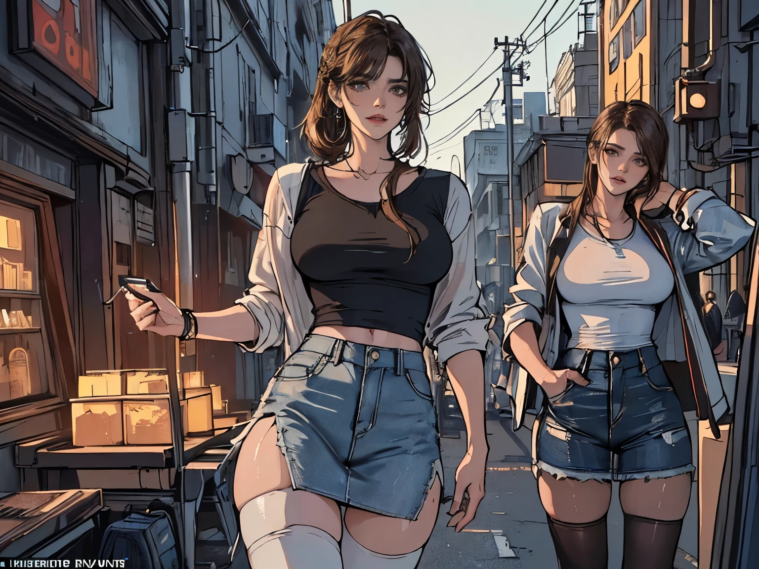 ((realistic: 1.5)),((best quality)), ((masterpiece)),((detailed)), woman, brown hair, bangs, blue pupílas, focus on face, cute expression, long legs, curves, medium breasts, neckline, casual clothing, wide hips, long eyelashes, smoking cigarette, city, night
