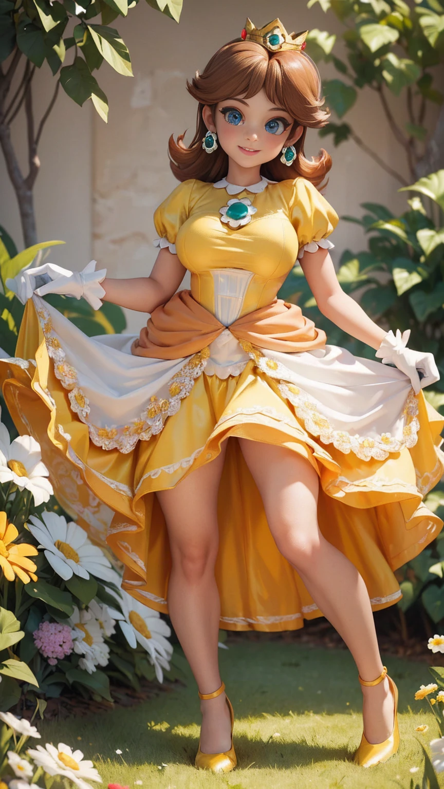 ((masterpiece,best quality,ultra-delicate,Perfect Face,detailed eyes,16k,high resolution,very beautiful girl)), princess daisy, yellow princess dress, white gloves, brown hair,large breasts,full body shot,smile,energetic,many flower garden