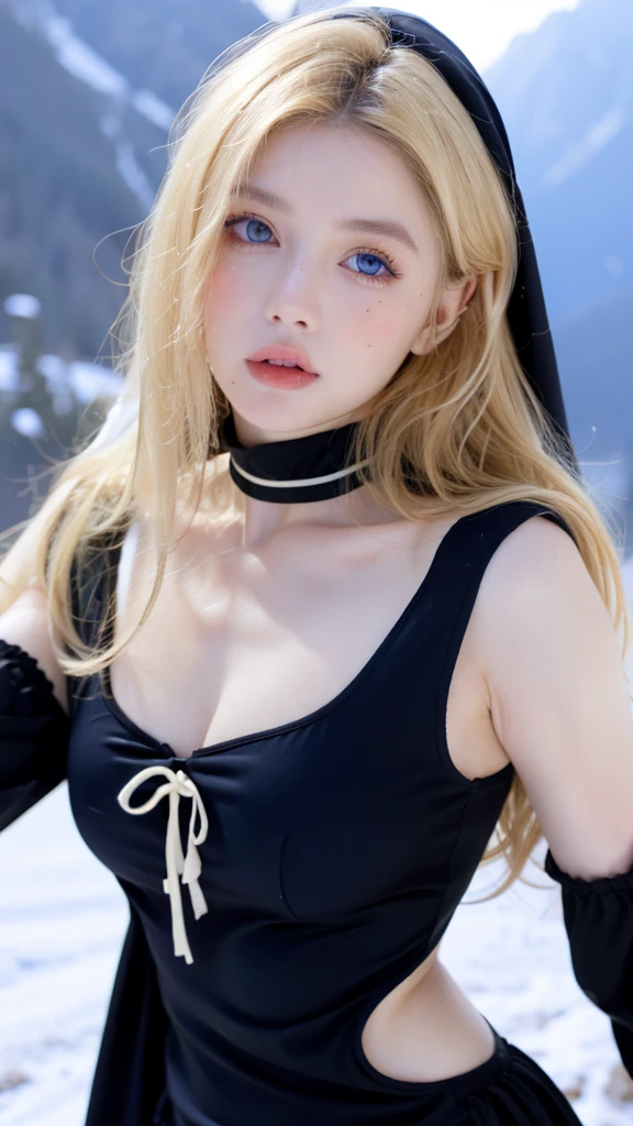  Beautiful woman ,Cute, huge natural breasts , blonde curly hair/current, dark blue eyes and face are drawn in detail,  not too thin ,  to make it ultra-realistic,  Western European girl ,  in the snow in the mountains , nun uniform (sexy nun dress ),  extremely detailed blue eyes ,  Extremely long wavy blond hair