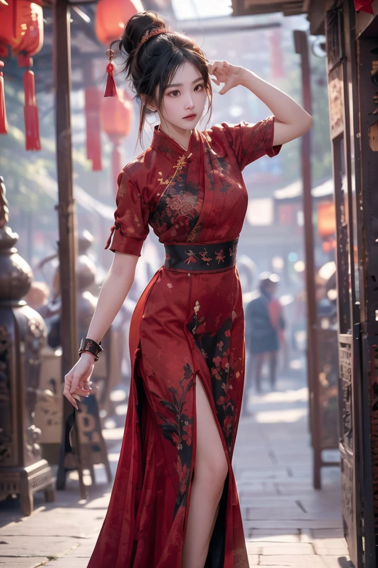 (((Best quality, 8k, Masterpiece: 1.3)), ((best quality)), ((masterpiece)), (detailed), perfect face, perfect body, (detailed skin:1.3), (intricate details), A skilled young martial artist stands poised in a dynamic kung fu stance, dressed in an elegant, high-slit red cheongsam with intricate gold embroidery. Her jet-black hair is styled into neat twin buns, giving her a focused yet stylish appearance. The scene is set in a traditional Chinese courtyard with red lanterns and ornate wooden architecture, bathed in the warm glow of sunset. Her expression is sharp and determined, exuding confidence and discipline. The fabric of her dress flows slightly with her movement, emphasizing her grace and mastery of kung fu.