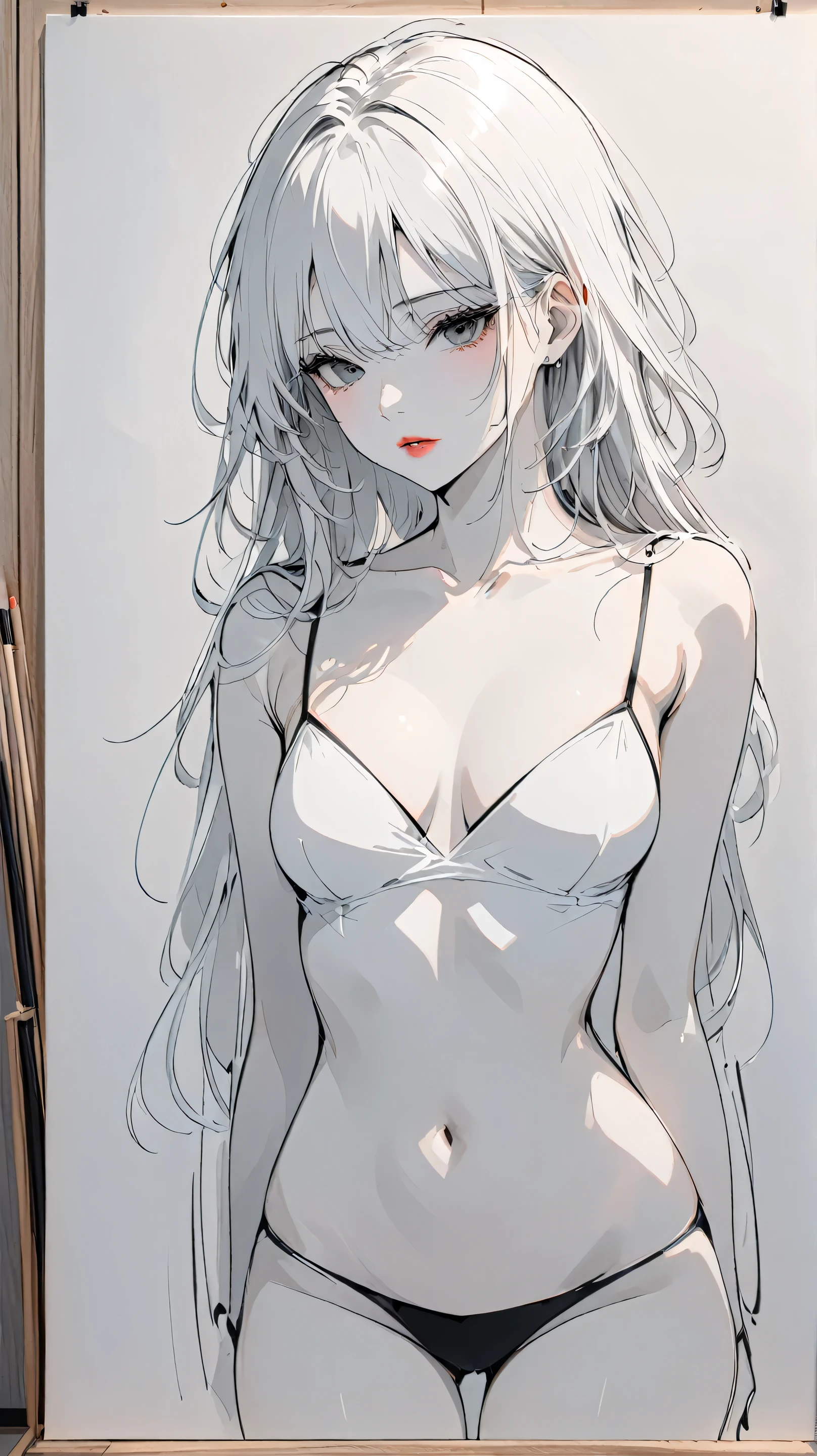 master piece:1.5、(minimal art, line drawing), woman、Black and white art:1.2、lips are red、Black and white world、silence、An ennui look、Densely drawn