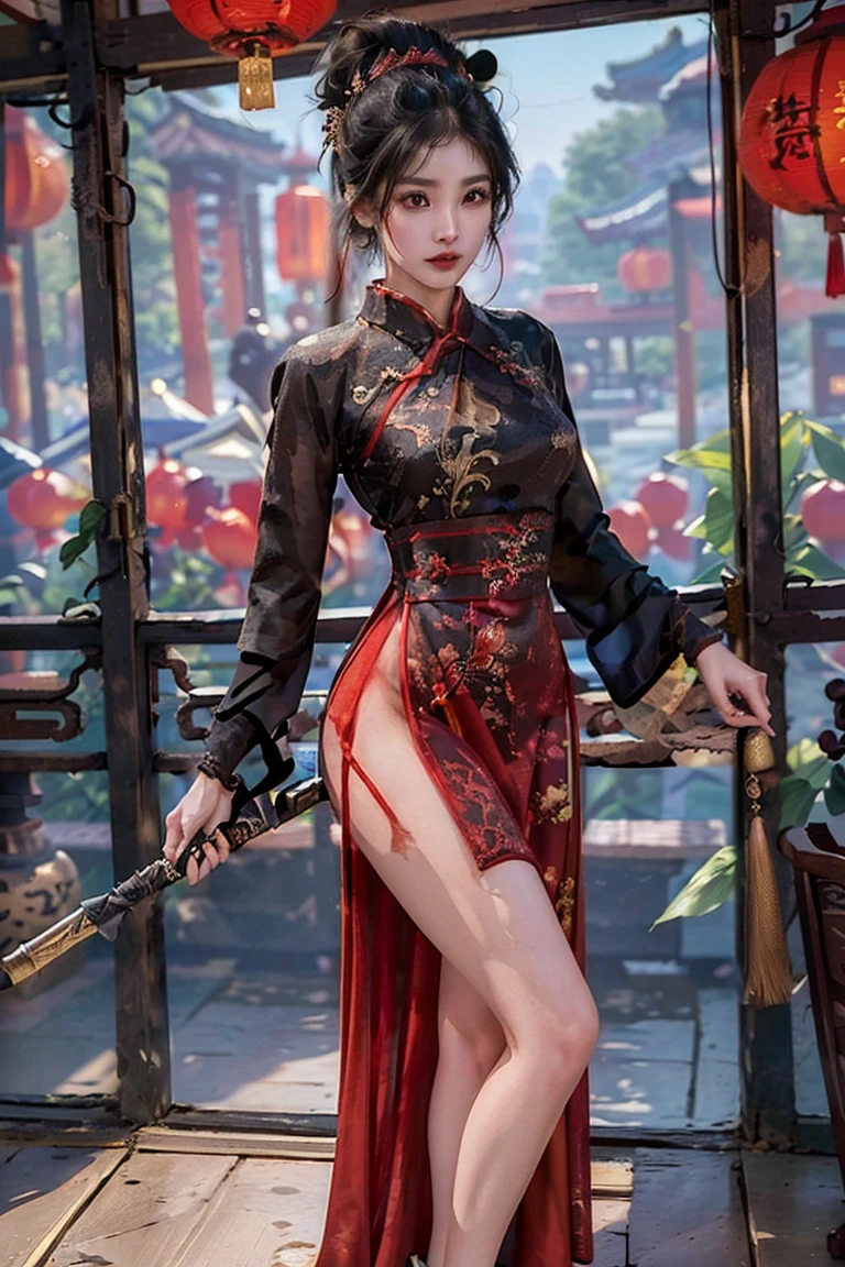 (((Best quality, 8k, Masterpiece: 1.3)), ((best quality)), ((masterpiece)), (detailed), perfect face, perfect body, (detailed skin:1.3), (intricate details), A skilled young martial artist stands poised in a dynamic kung fu stance, dressed in an elegant, high-slit red cheongsam with intricate gold embroidery. Her jet-black hair is styled into neat twin buns, giving her a focused yet stylish appearance. The scene is set in a traditional Chinese courtyard with red lanterns and ornate wooden architecture, bathed in the warm glow of sunset. Her expression is sharp and determined, exuding confidence and discipline. The fabric of her dress flows slightly with her movement, emphasizing her grace and mastery of kung fu.