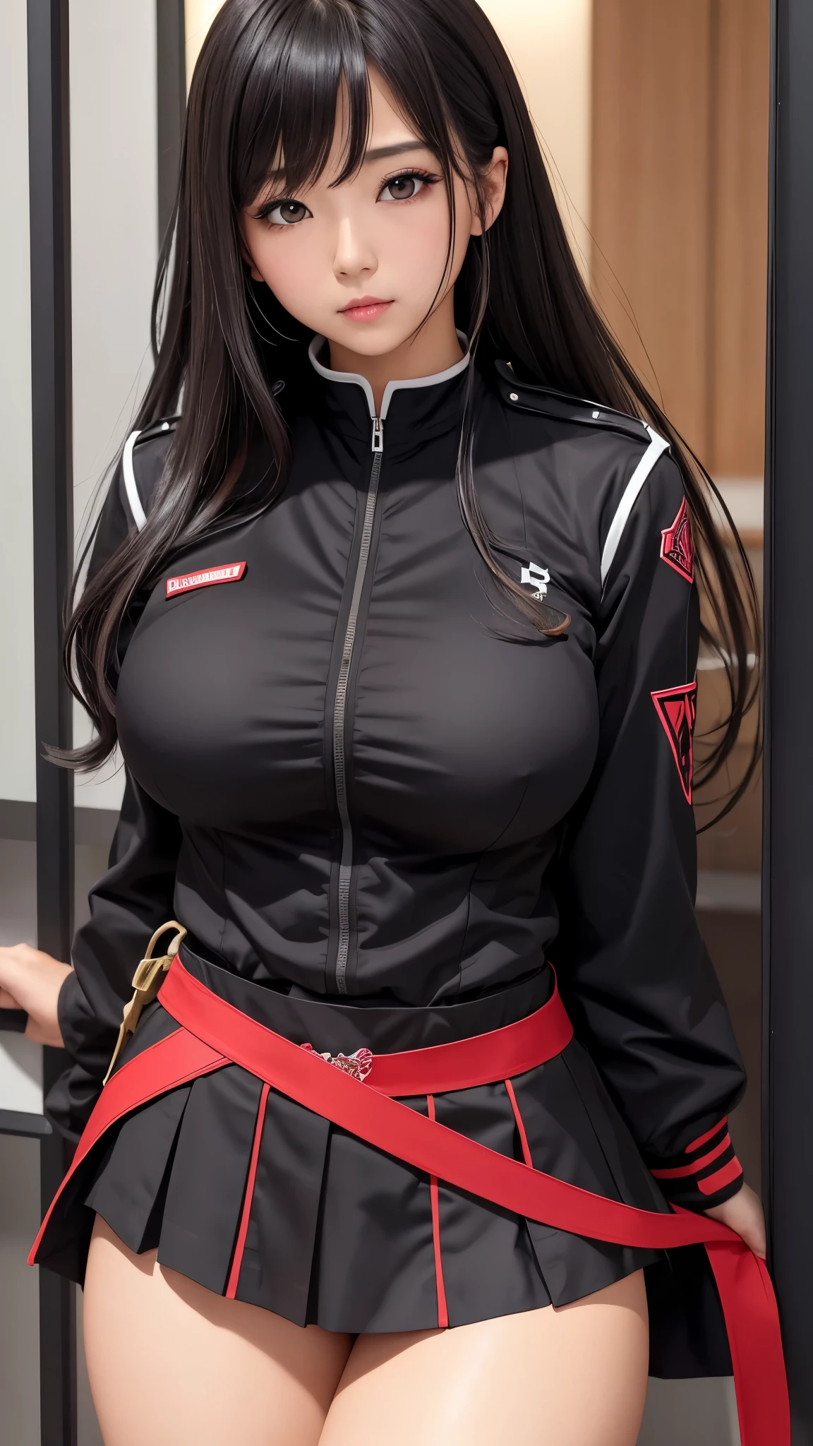 Beautiful Chinese 17 year old female, bob hair with silver streaks, large breasts, red t shirt, black short skater skirt, leather boots, punk girl, masterpiece, photorealistic, smiling, huge breasts, wide hips