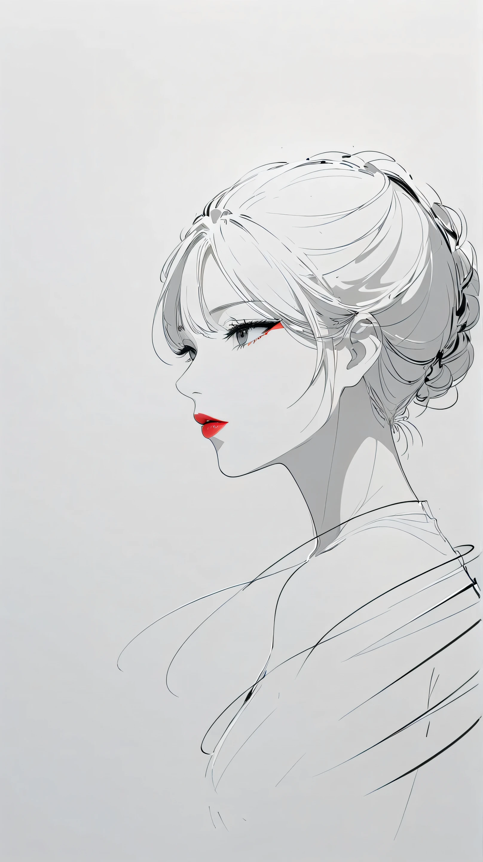 master piece:1.5、(minimal art, line drawing), woman、Black and white art:1.2、lips are red、Black and white world、silence、An ennui look、Densely drawn