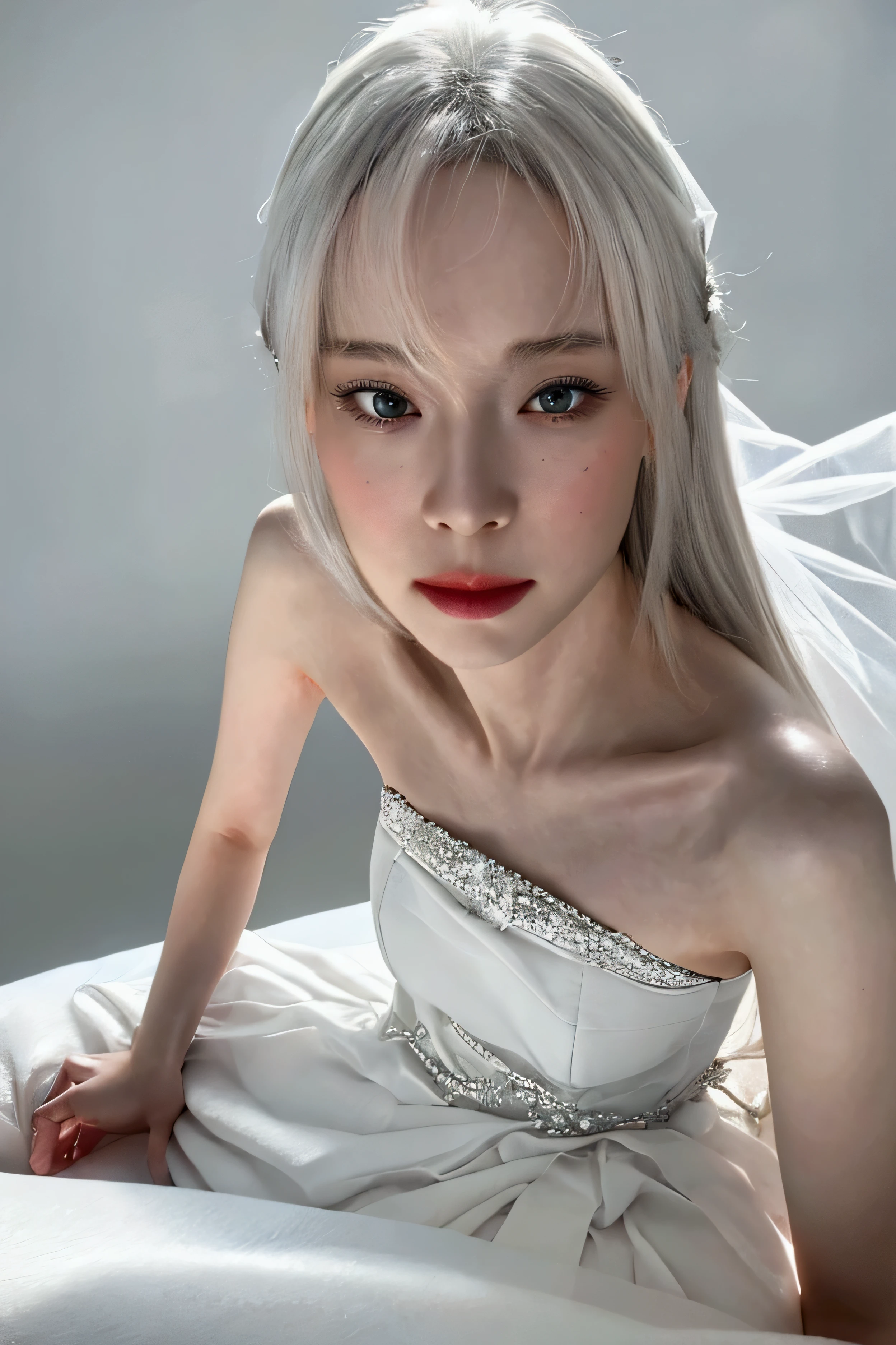 beautiful woman in her 50s in a wedding dress, long white hair, slender body, lying on a bed, shy expression, spreading her legs, looking at the viewer, detailed face, (best quality,4k,8k,highres,masterpiece:1.2),ultra-detailed,(realistic,photorealistic,photo-realistic:1.37),HDR,UHD,studio lighting,ultra-fine painting,sharp focus,physically-based rendering,extreme detail description,professional,vivid colors,bokeh,portrait