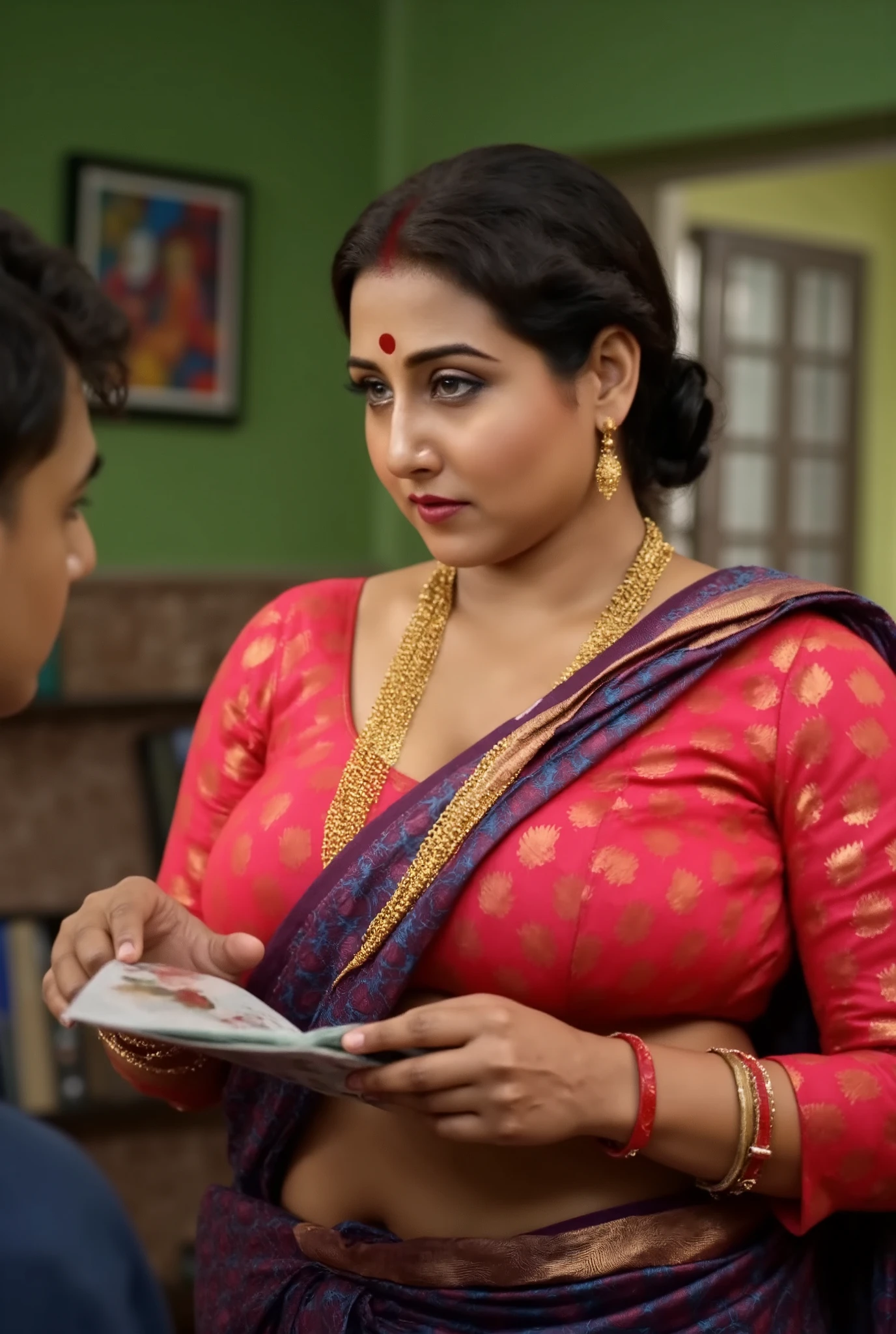 The image is a high-resolution photograph featuring an intimate, indoor scene with two people. The subject is a middle-aged woman, likely of Indian descent, with a medium skin tone, and a well-defined facial structure. She is dressed in traditional Indian attire, wearing a bright red blouse with a plunging neckline that reveals a significant amount of cleavage, showcasing a medium-to-large bust. Her attire, a patterned saree with vibrant colors such as red,and black, is draped elegantly over her shoulders and partially covering her left breast.
Her hair is neatly pulled back into a low ponytail. She accessorizes with simple gold jewelry, including a gold necklace and matching earrings. Her expression is sexy and biting lips, looking towards a young boy to her left.she holds a porn magazine in her hand and showing magazine to boy
The boy wearing a black shorts only,The background reveals a domestic interior with green walls, a piece of furniture with a colorful abstract painting hanging on it, and a hint of other household objects, suggesting a warm and lived-in space. The lighting is soft, enhancing the emotional intensity of the moment captured.full length image,