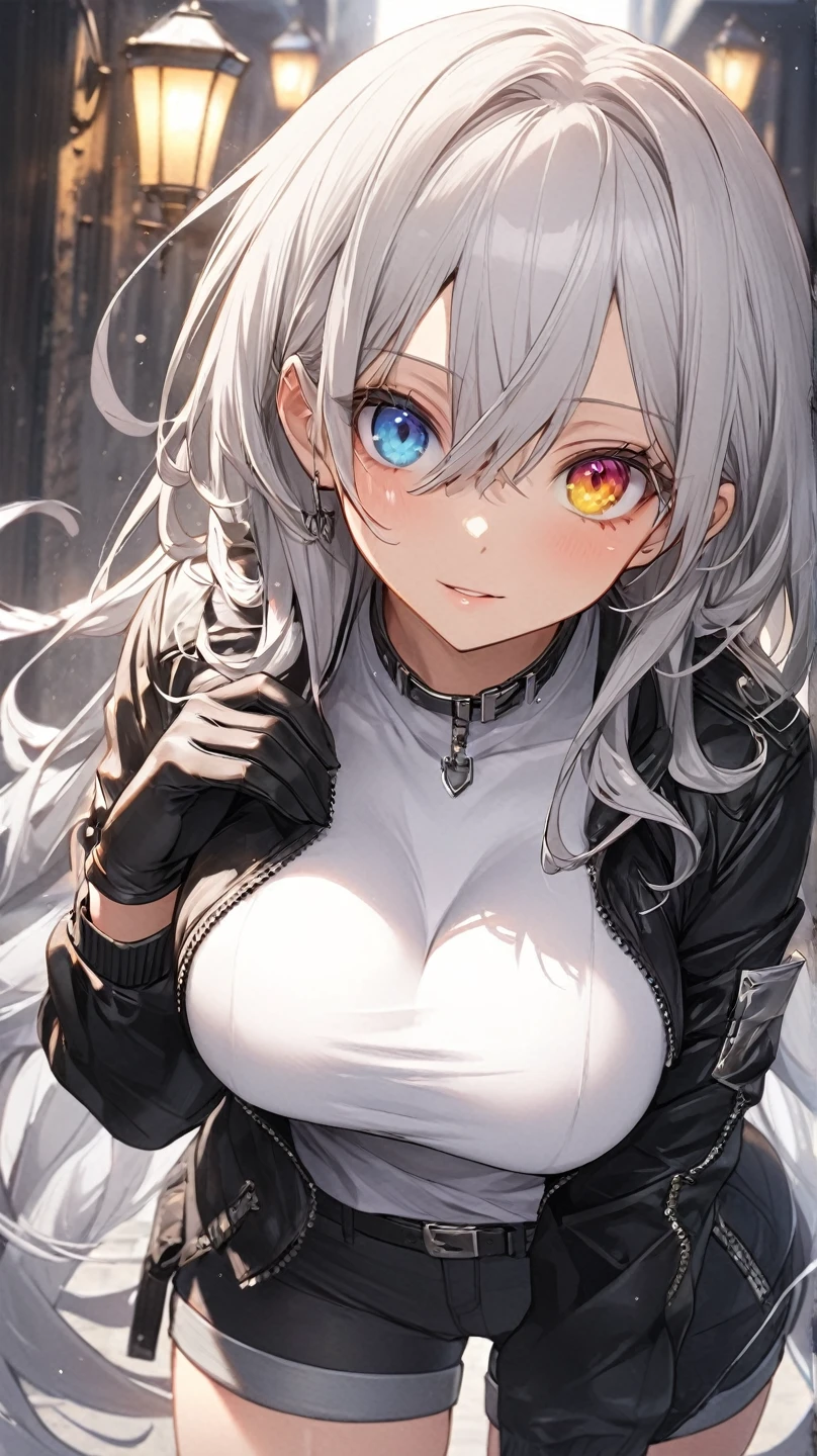 (*****, top-quality, 8K, masterpiece, Top image quality, Hi-Res, super detailing, Ultra HD, best quality, detailed background, (hyper detailed, intricate detail, Detailed hair ++, detailed eyes ++, raytracing, perfect shadow, enhanced eyes), (Delicate and smooth skin, real looking skin, Perfect and beautiful face ,Perfect and cute face, high detail skin, Perfect limbs)), girl , animal ear fluff , rabbit ears, blushing, shy facial expression, pulling on collar, animal ears , black gloves , black shirt , blunt bangs , gradient background , grey background , grey eyes , hair over one eye , hooded jacket , long hair 3.5M, looking at viewer , medium hair , pov from above, view from above, solo focus , turtleneck sweater , white hair , white jacket , holding viewer's hand, medium breasts, pout