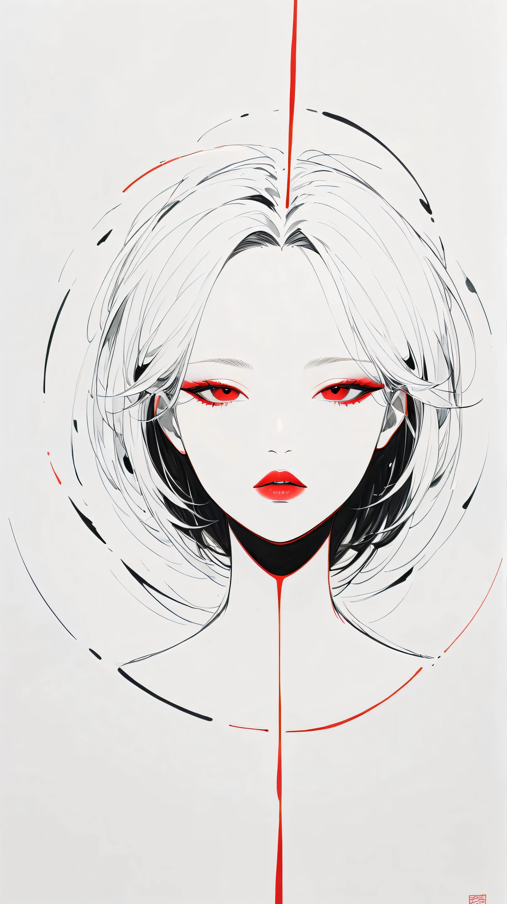 master piece:1.5、(minimal art, line drawing), woman、Black and white art:1.2、lips are red、Black and white world、silence、An ennui look、Densely drawn