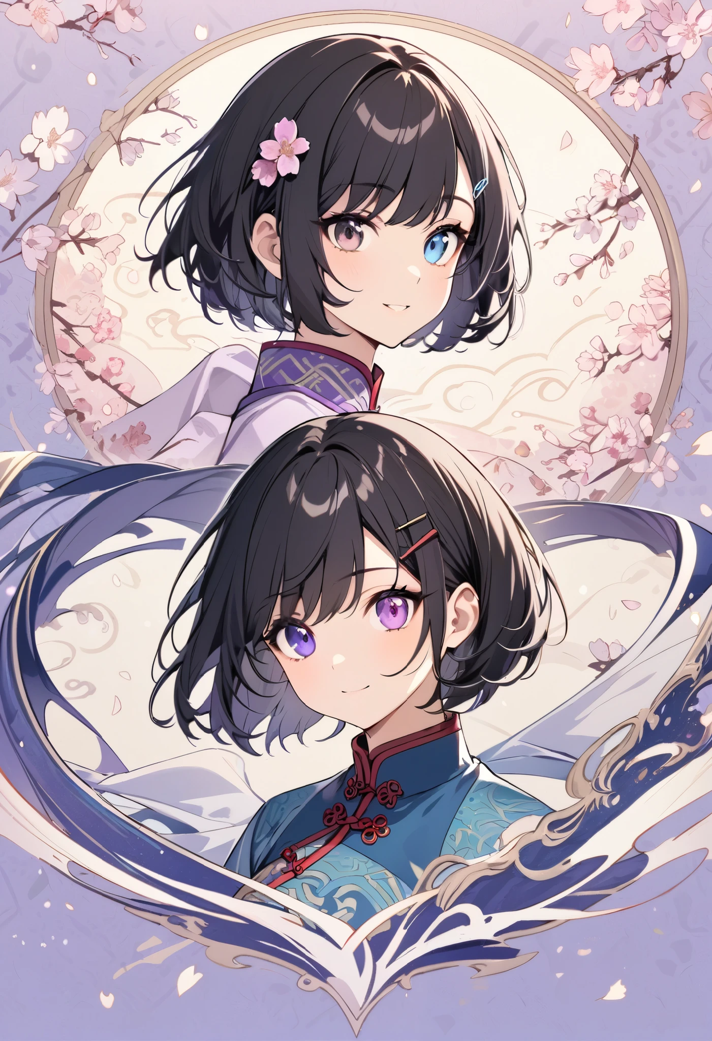 (high-quality, breathtaking),(expressive eyes, perfect face) 1female, girl , solo, teenager, asian woman hairstyle, short hair length, soft wave, black hair color, Heterochromia left eye blue and right eye purple, white and black dress, shawl, blue and purple background, music, gentle smile, swirls in background, music notes background, beautiful background, symmetrical eyes, Qing Dynasty Costumes, hairpin, cherry blossom background, full body, portrait, symmetrical body, centred composition,
