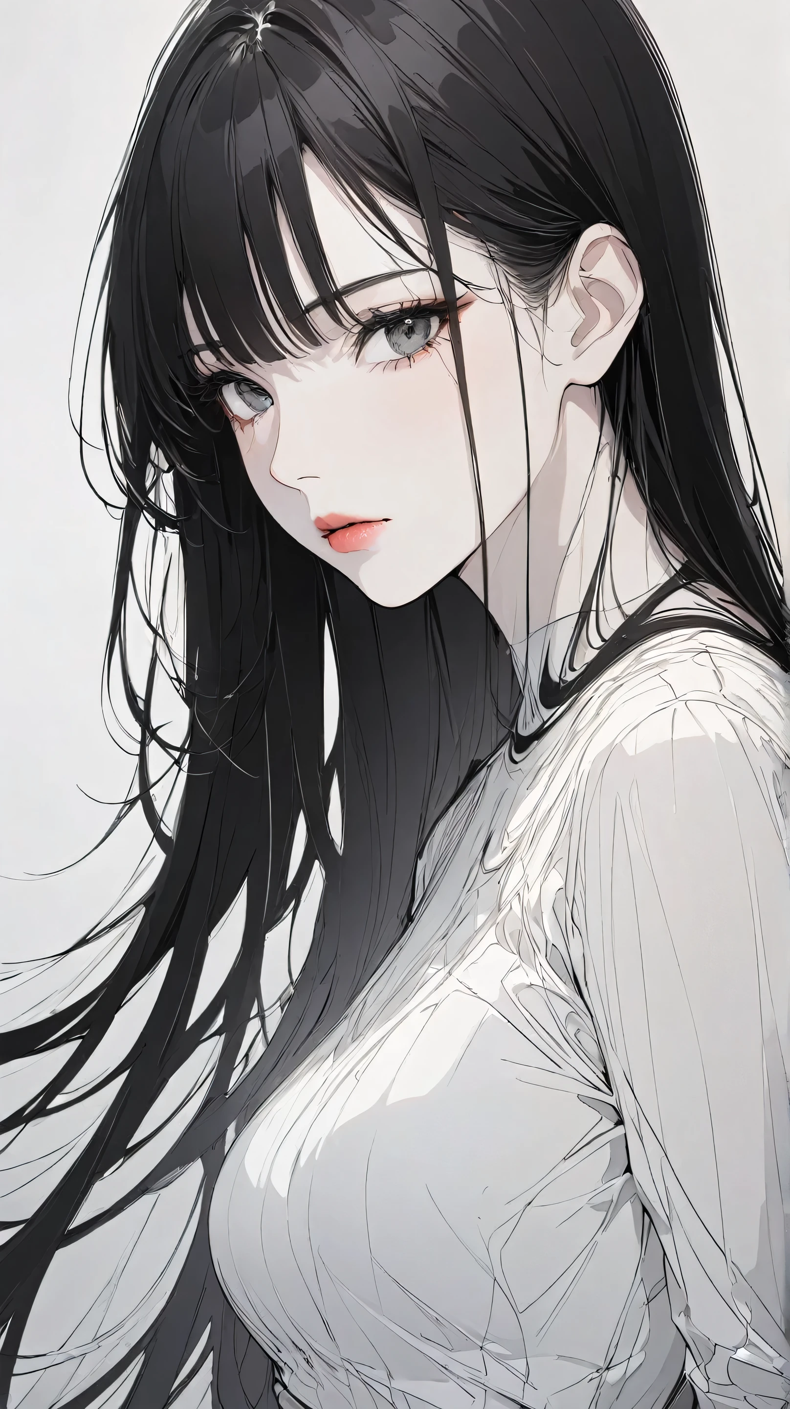 master piece:1.5、(minimal art, line drawing), woman、Black and white art:1.2、lips are red、Black and white world、silence、An ennui look、Densely drawn